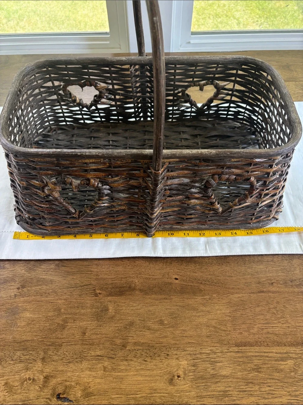 Vintage Woven Wicker Basket with Heart Cutouts 17”x9.5” Cottagecore